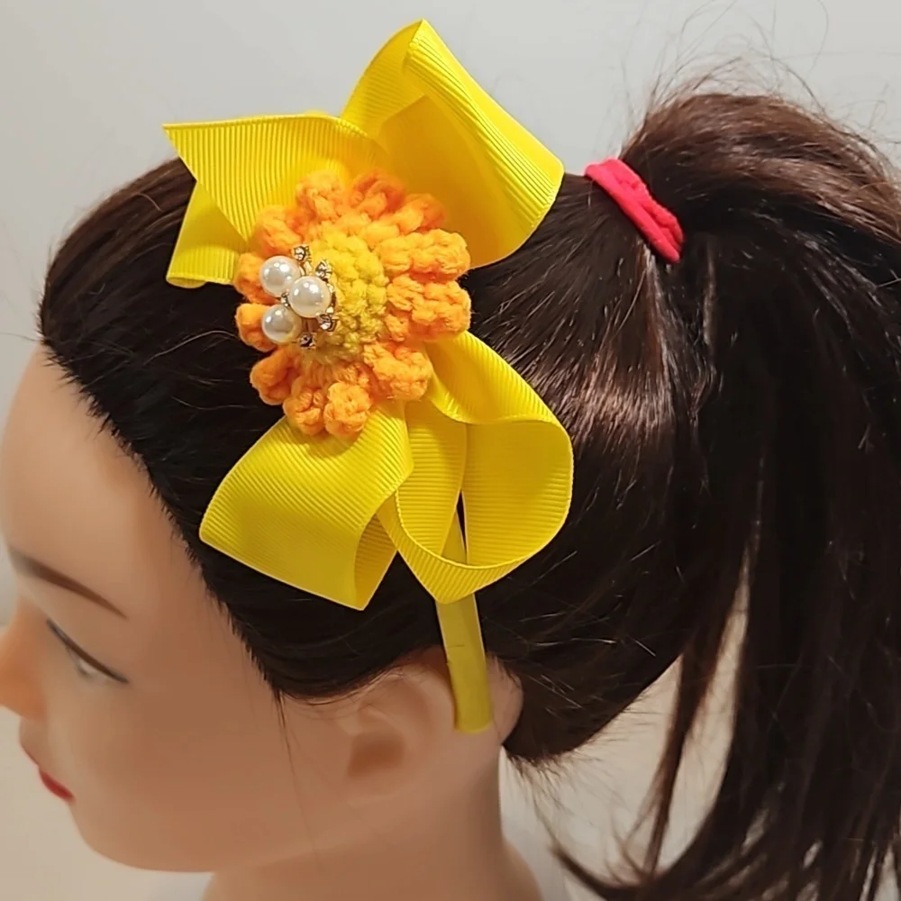 Hand Crafted yellow bow hairband hand crochet flower faux pearls beads floral